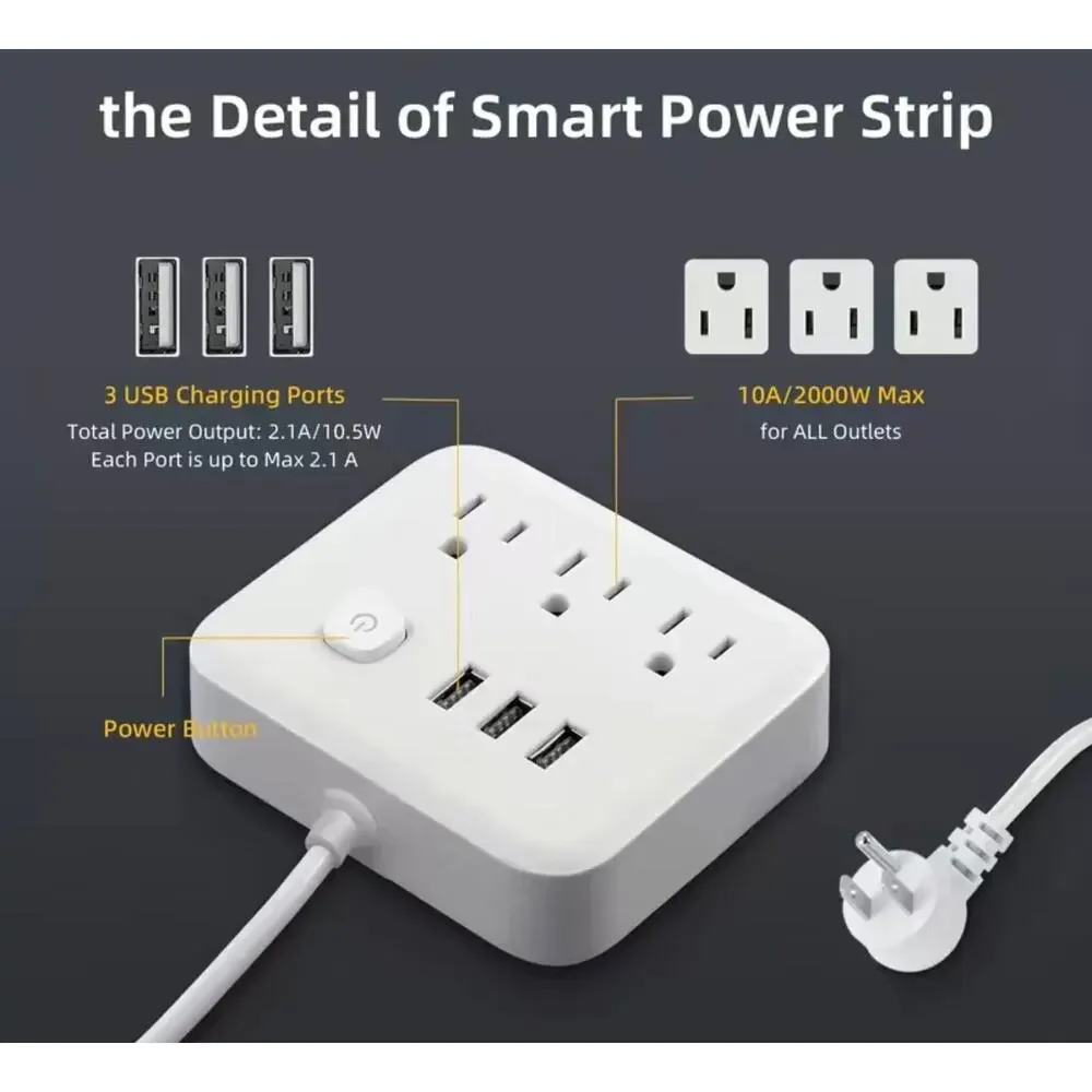Power Strip Surge Protector 3 AC Outlets 3 illuminated USB Charging Station